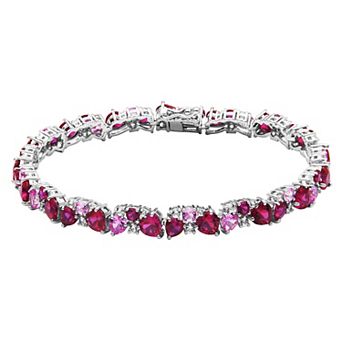 Classic Treasures Sterling Silver Lab-Created Ruby, Lab-Created Pink Sapphire & Lab-Created White Sapphire Cluster Heart Bracelet