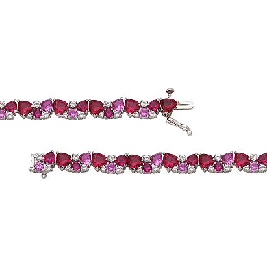 Sterling Silver Lab-Created Ruby, Lab-Created Pink Sapphire & Lab-Created White Sapphire Cluster Heart Bracelet