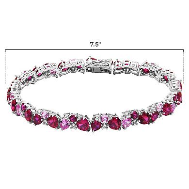 Sterling Silver Lab-Created Ruby, Lab-Created Pink Sapphire & Lab-Created White Sapphire Cluster Heart Bracelet