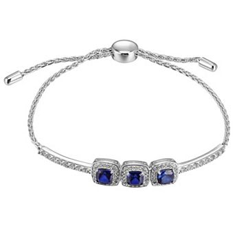 Classic Treasures Sterling Silver Lab-Created Blue & White Sapphire Cushion Halo Lariat Bracelet