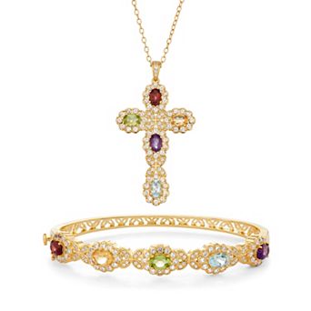 Classic Treasures 18k Gold Over Bronze Multi Gemstone Heart Pendant Necklace and Bangle Bracelet Set