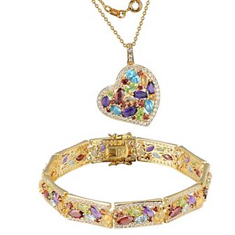 Classic Treasures 18k Gold Over Bronze Multi Gemstone Cluster Heart Pendant Necklace and Bracelet Set
