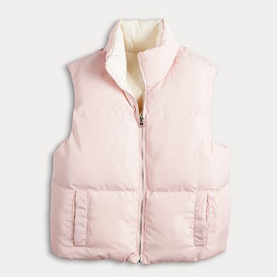 Juniors' Faded Rose Reversible Zip-Up Puffer Vest