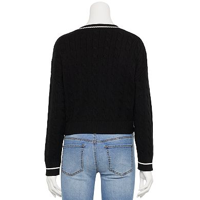 Juniors' Faded Rose Cable Knit Cropped Crewneck Sweater