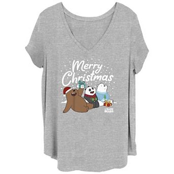 Juniors' Plus Size We Bare Bear Merry Christmas V-Neck Tee