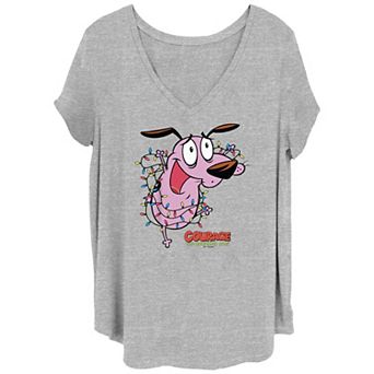 Juniors' Plus Size Courage The Cowardly Dog Wrapped In Christmas Lights V-Neck Tee