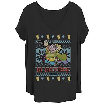 Juniors' Plus Size Edd, Edd & Eddy Ugly Christmas Sweater V-Neck Tee