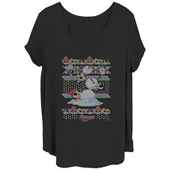 Juniors' Plus Size The Powerpuff Girls Christmas Sweater V-Neck Tee