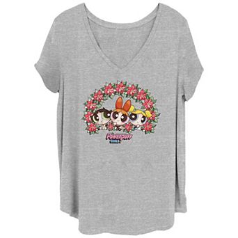 Juniors' Plus Size The Powerpuff Girls Poinsettia Flowers Wreath V-Neck Tee