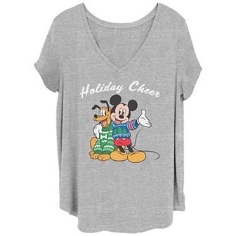 Disney's Mickey Mouse & Pluto Juniors' Plus Size Holiday Cheer V-Neck Tee