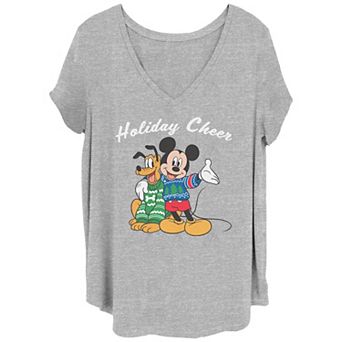 Disney's Mickey Mouse & Pluto Juniors' Plus Size Holiday Cheer V-Neck Tee