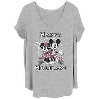Disney's Mickey Mouse & Minnie Juniors' Plus Size Happy Holidays V-Neck Tee