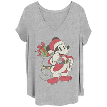 Disney's Mickey Mouse Juniors' Plus Size Santa Claus Distressed Design V-Neck Tee