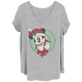 Disney's Mickey Mouse Juniors' Plus Size Christmas Wreath V-Neck Tee