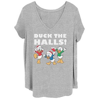 Disney's Mickey Mouse Juniors' Plus Size Classic Huey Dewey Louie Duck The Halls V-Neck Tee