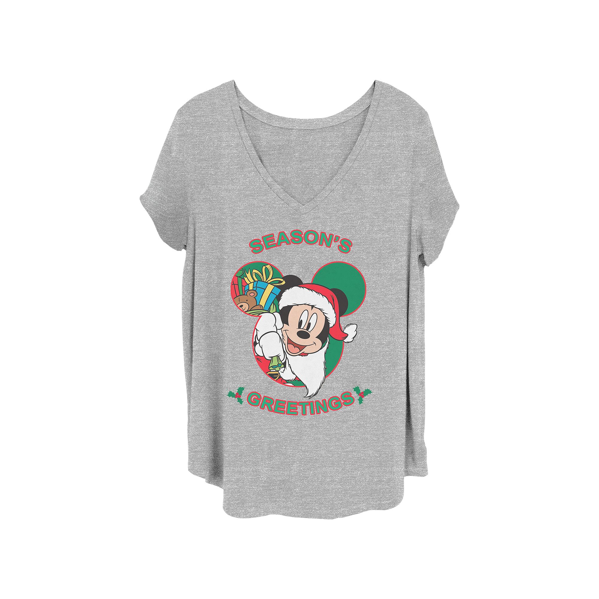 Disneys Mickey Mouse Juniors Plus Size Seasons Greetings V-Neck Tee, Gir