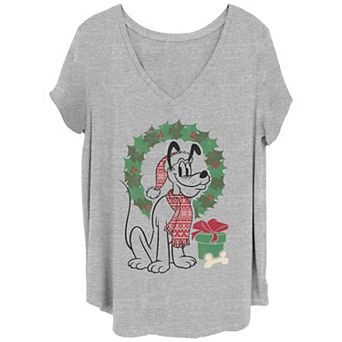 Disney's Mickey Mouse Juniors' Plus Size Classic Pluto Christmas Card Photo V-Neck Tee