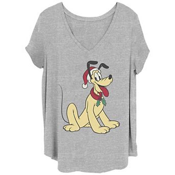 Disney's Mickey Mouse Juniors' Plus Size Classic Pluto Wearing Santa Hat V-Neck Tee