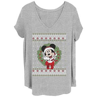 Disney's Mickey Mouse Juniors' Plus Size Christmas Wreath Sweater V-Neck Tee