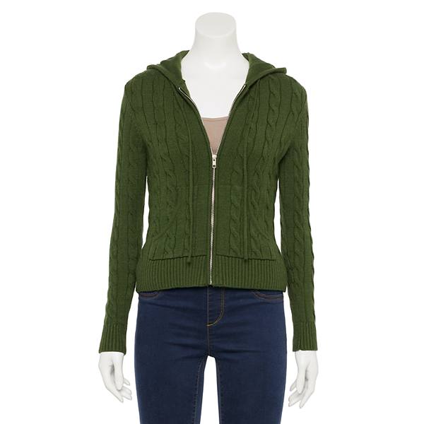 Juniors' Faded Rose Cable Knit Zip-Up Hoodie