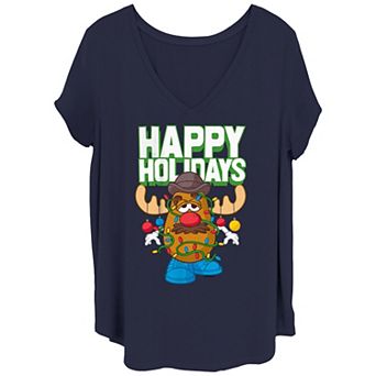 Juniors' Plus Size Mr. Potato Head Happy Holidays V-Neck Tee