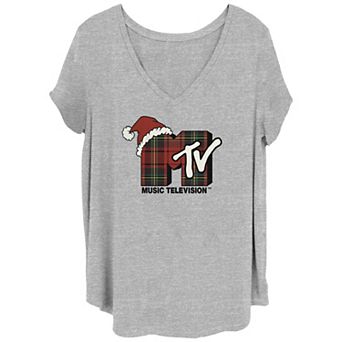 Juniors' Plus Size MTV Christmas Plaid V-Neck Tee