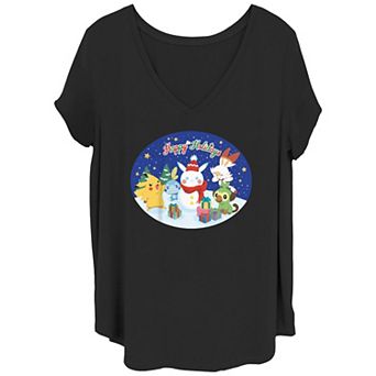 Juniors' Plus Size Pokemon Happy Holidays Playful Scene V-Neck Tee