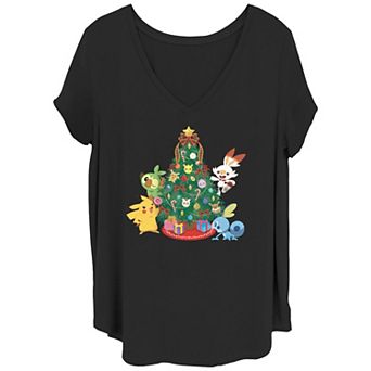 Juniors' Plus Size Pokemon Christmas Tree Gathering V-Neck Tee