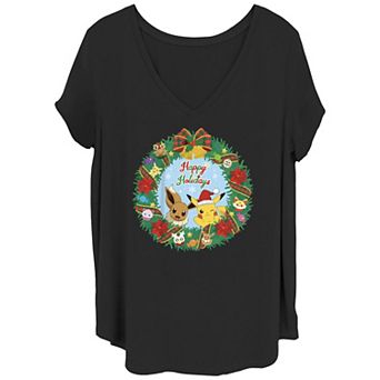 Juniors' Plus Size Pokemon Happy Holidays Christmas Wreath V-Neck Tee