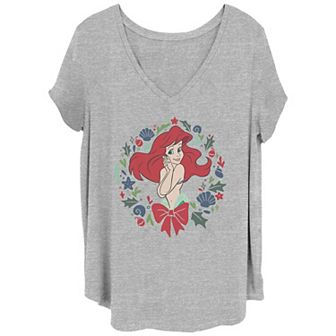 Disney's The Little Mermaid Juniors' Plus Size Ariel Christmas Wreath V-Neck Tee
