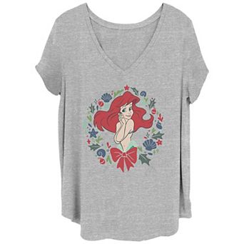 Disney's The Little Mermaid Juniors' Plus Size Ariel Christmas Wreath V-Neck Tee