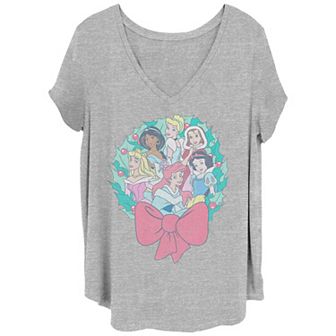 Disney Princesses Juniors' Plus Size Christmas Wreath V-Neck Tee