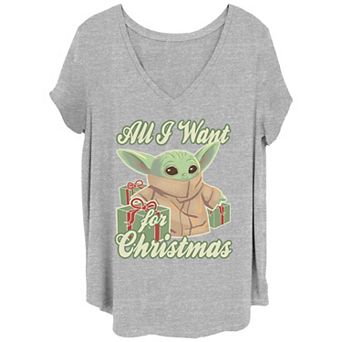 Juniors' Plus Size Star Wars The Mandalorian Grogu All I Want For Christmas V-Neck Tee