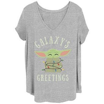 Juniors' Plus Size Star Wars The Mandalorian Grogu Wrapped In Christmas Lights V-Neck Tee