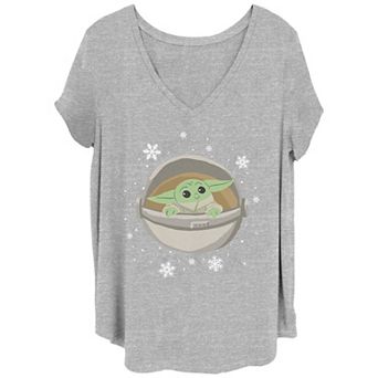 Juniors' Plus Size Star Wars The Mandalorian Grogu Watching Snow V-Neck Tee