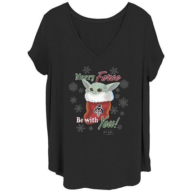 Juniors Plus Size Star Wars The Mandalorian Grogu Christmas Stocking V Neck Tee