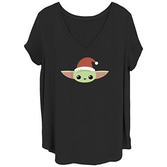 Juniors' Plus Size Star Wars The Mandalorian Grogu Wearing Santa Hat V-Neck Tee