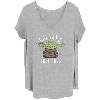 Juniors' Plus Size Star Wars The Mandalorian Grogu Holiday Greetings V-Neck Tee