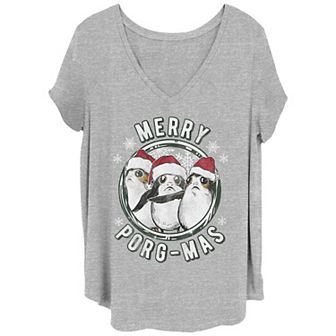 Juniors' Plus Size Star Wars Merry Porg-Mas V-Neck Tee