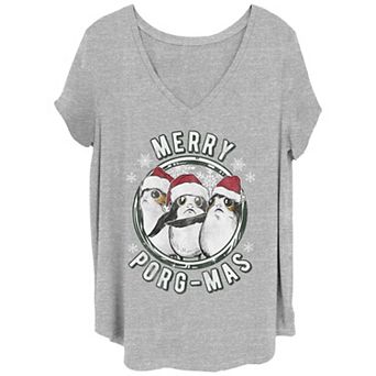 Juniors' Plus Size Star Wars Merry Porg-Mas V-Neck Tee