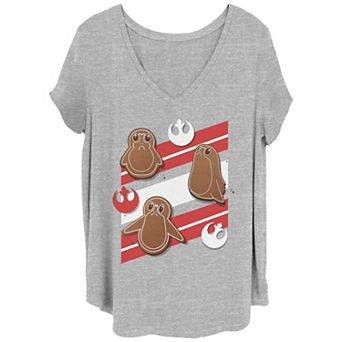 Juniors' Plus Size Star Wars Gingerbread Porgs V-Neck Tee