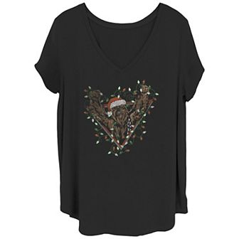 Juniors' Plus Size Star Wars Chewbacca Tangled In Christmas Lights V-Neck Tee