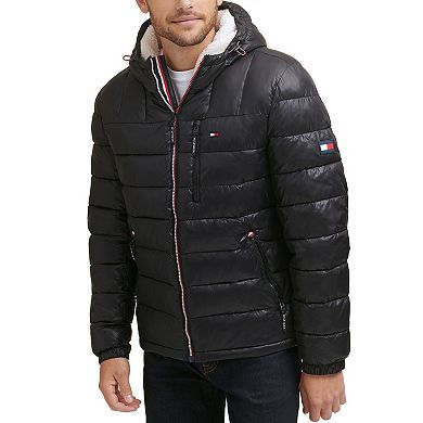Men's Tommy Hilfiger Hooded Puffer Jacket with Sherpa Lined Hood