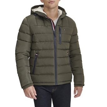 Men's Tommy Hilfiger Hooded Puffer Jacket with Sherpa Lined Hood