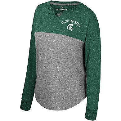 Women's Colosseum Heather Gray/Green Michigan State Spartans Jelly of the Month Oversized Tri-Blend Long Sleeve T-Shirt
