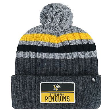 Men's '47 Gray Pittsburgh Penguins Stack Patch Cuffed Knit Hat with Pom