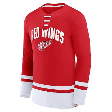 Men's Fanatics Branded Red Detroit Red Wings Back Pass Lace-Up Long Sleeve T-Shirt