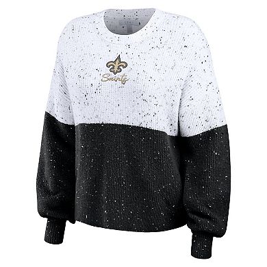 Women's WEAR by Erin Andrews White/Black New Orleans Saints Lighweight Modest Crop Color-Block Pullover Sweater