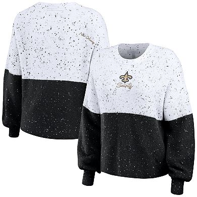 Women's WEAR by Erin Andrews White/Black New Orleans Saints Lighweight Modest Crop Color-Block Pullover Sweater