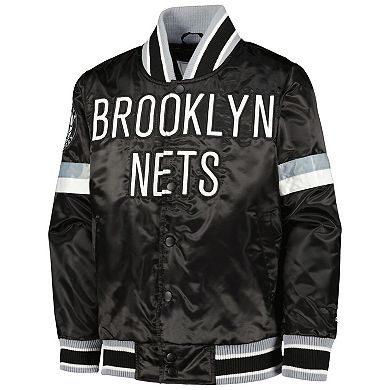 Youth Starter Black Brooklyn Nets Home Game Varsity Satin Full-Snap Jacket